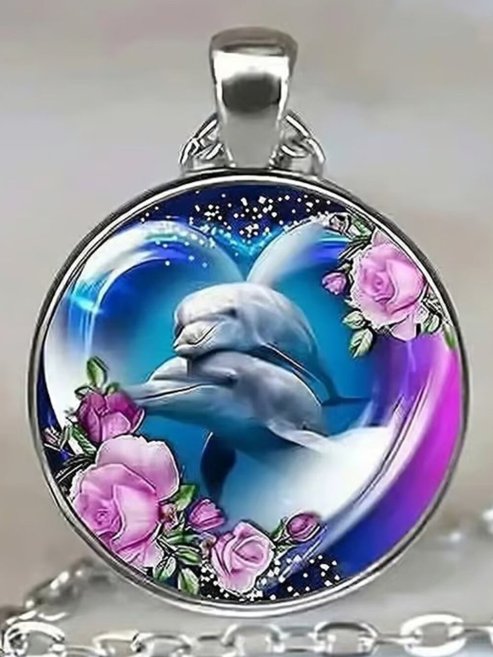 Silver DOLPHIN Glass Cabochon Pendant Necklace